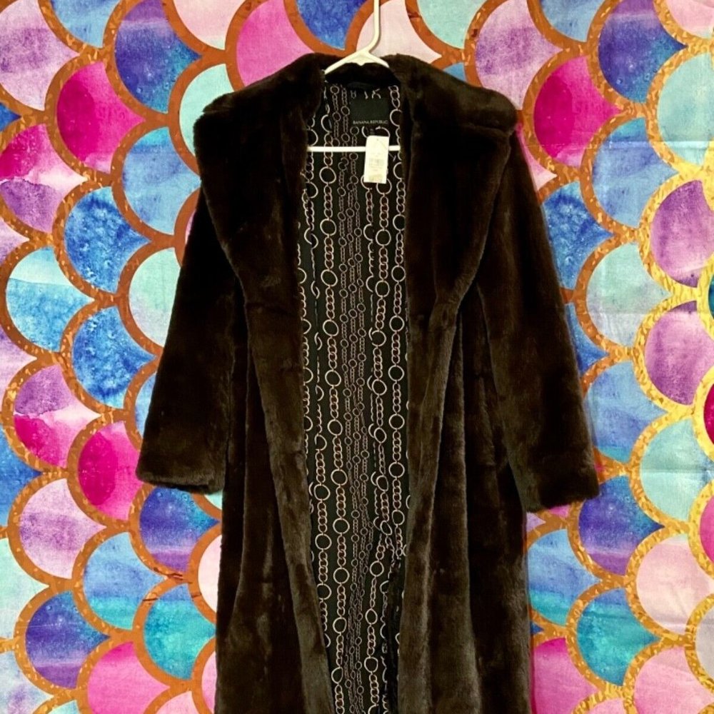 Banana Republic NWT Brown Faux Fur Long Teddy Sherpa Coat Belted Women’s Size XS